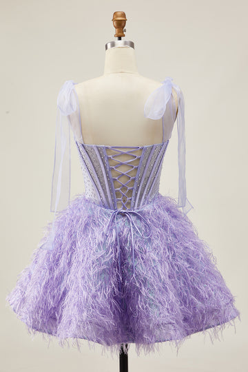Lilac A-Line Spaghetti Straps Corset Beaded Short Homecoming Dress with Feathers